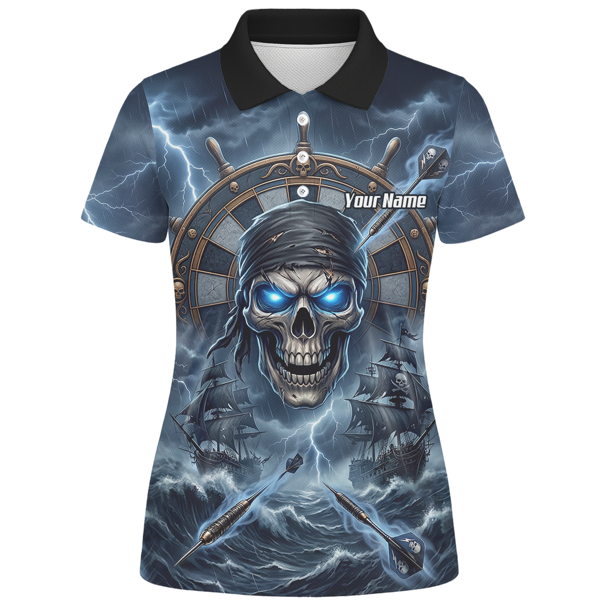 Personalised Pirate Skull Dart Jersey for Women Blue Lightning Storm Custom Dart Shirt Polo C6638