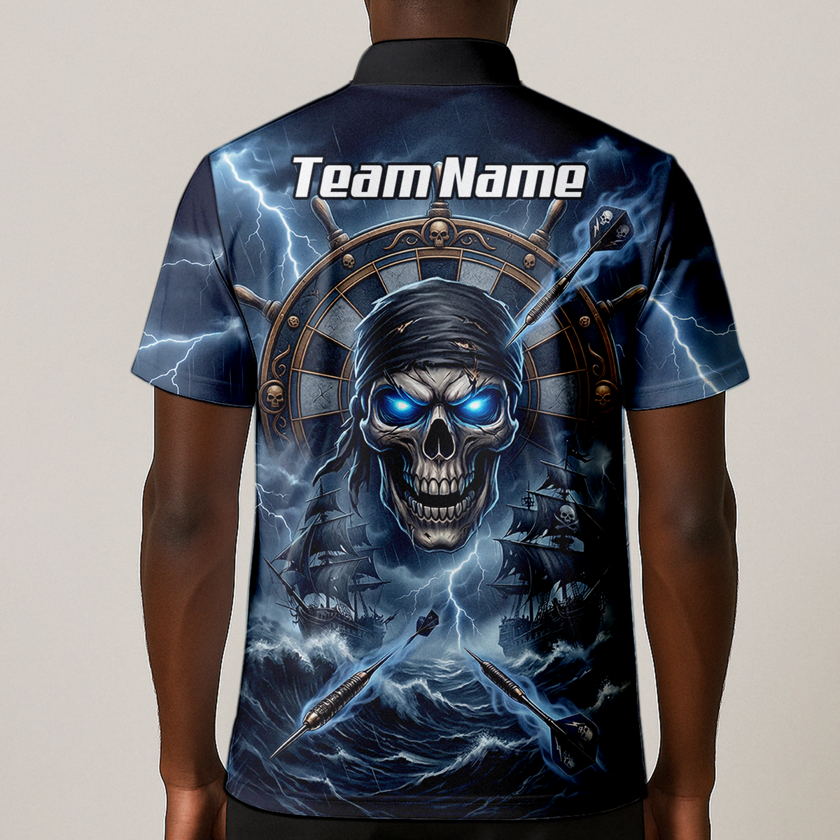 Personalised Pirate Skull Dart Jersey for Men Blue Lightning Storm Custom Dart Shirt Polo C6638