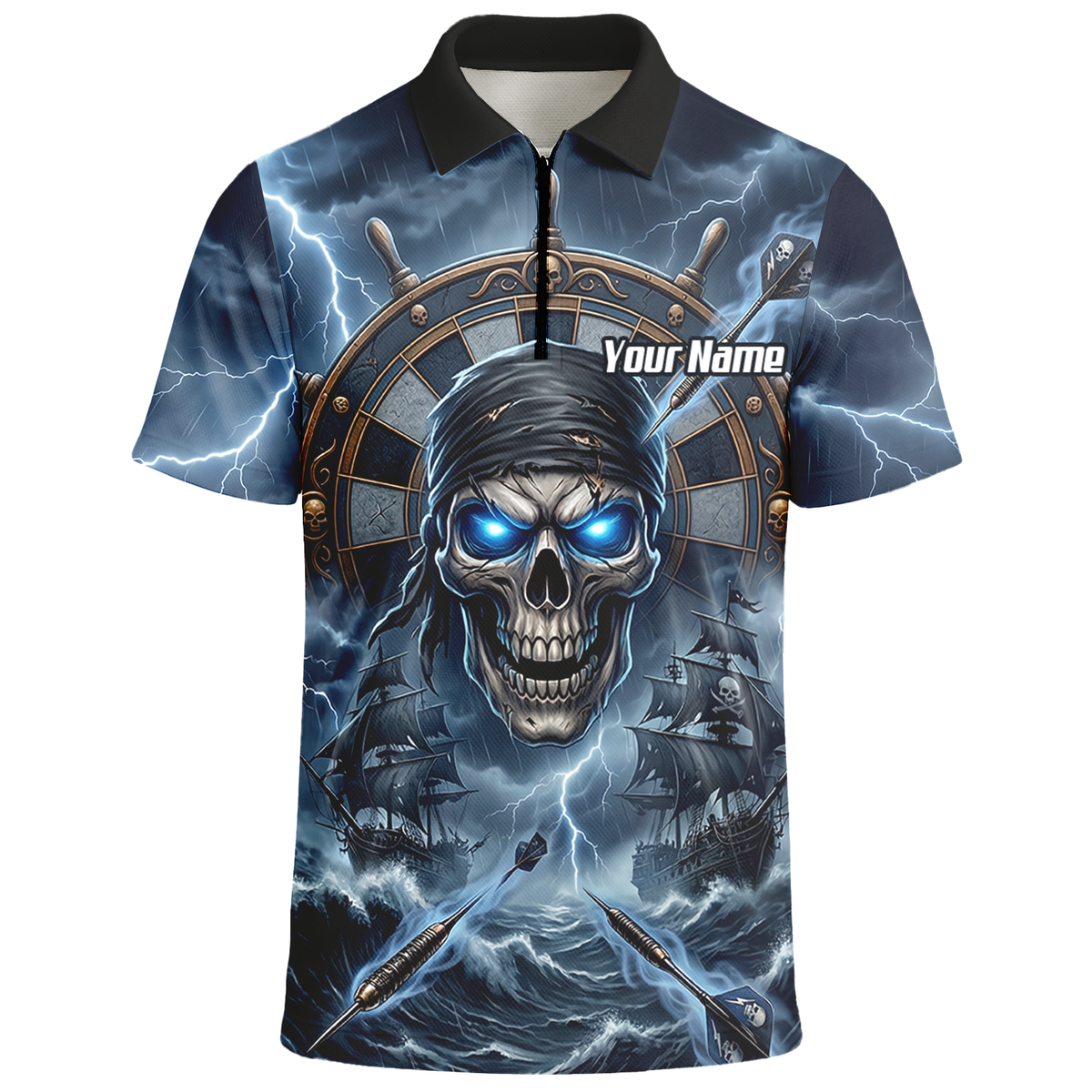 Personalised Pirate Skull Dart Jersey for Men Blue Lightning Storm Custom Dart Shirt Polo C6638