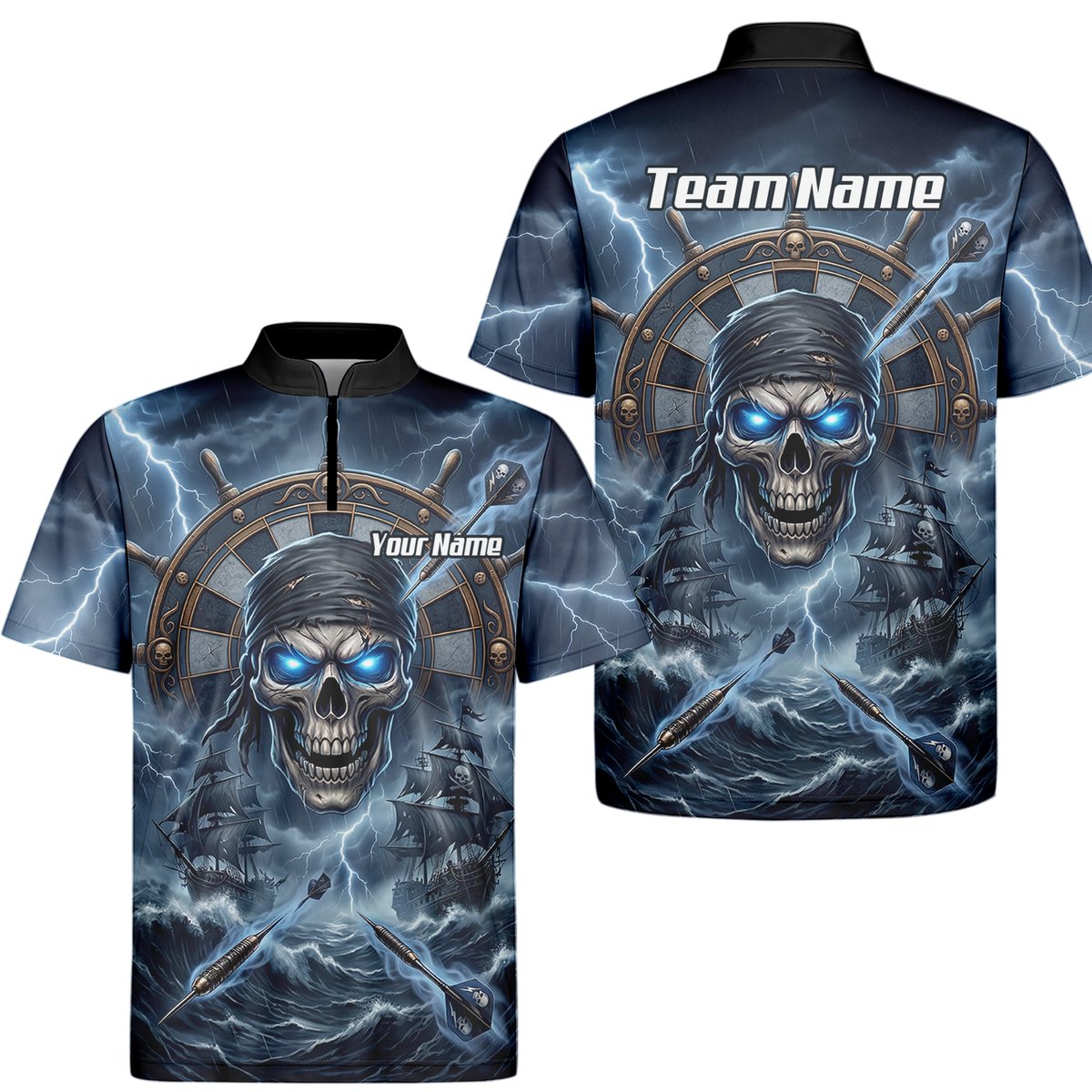 Personalised Pirate Skull Dart Jersey for Men Blue Lightning Storm Custom Dart Shirt Polo C6638