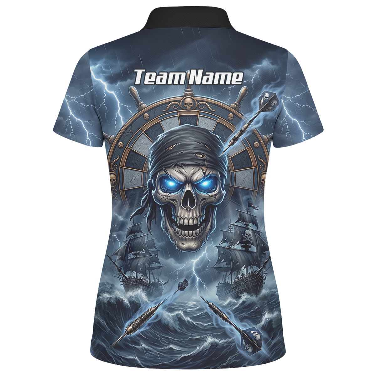 Personalised Pirate Skull Dart Jersey for Women Blue Lightning Storm Custom Dart Shirt Polo C6638