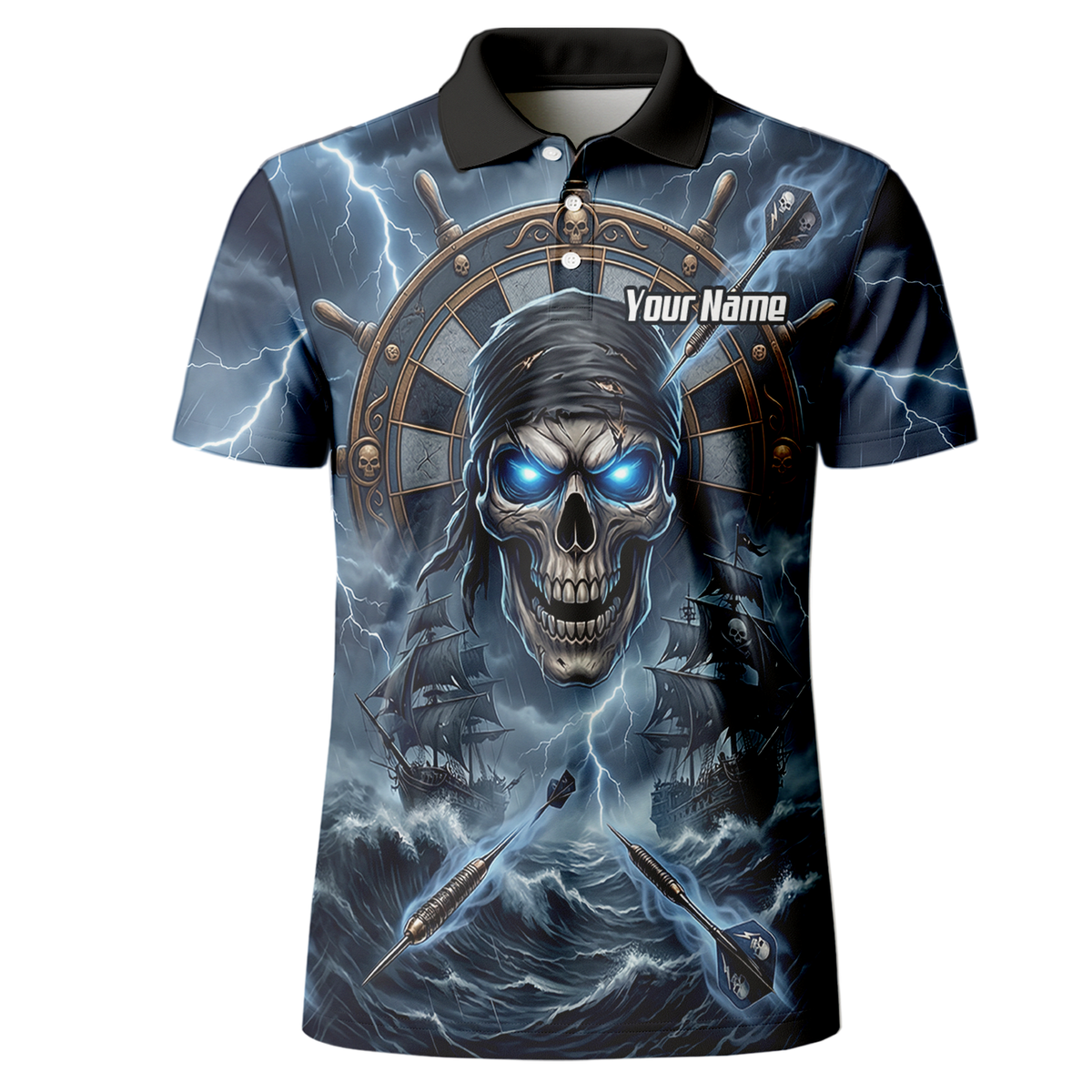 Personalised Pirate Skull Dart Jersey for Men Blue Lightning Storm Custom Dart Shirt Polo C6638