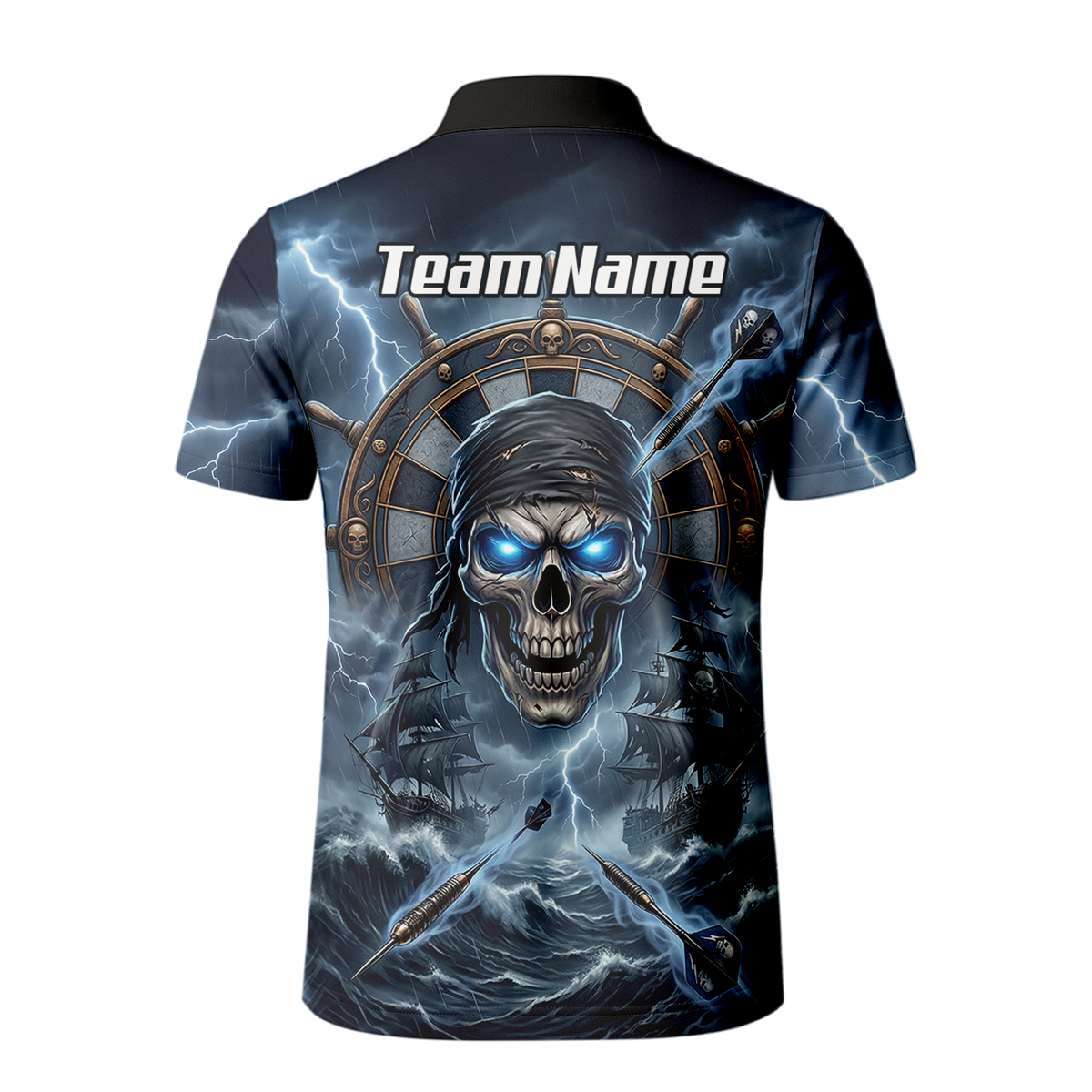 Personalised Pirate Skull Dart Jersey for Men Blue Lightning Storm Custom Dart Shirt Polo C6638