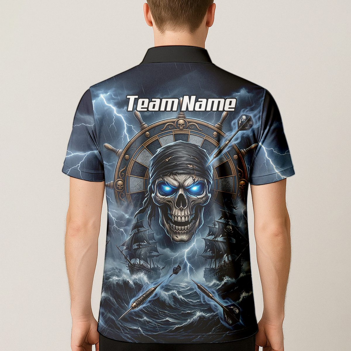 Personalised Pirate Skull Dart Jersey for Men Blue Lightning Storm Custom Dart Shirt Polo C6638