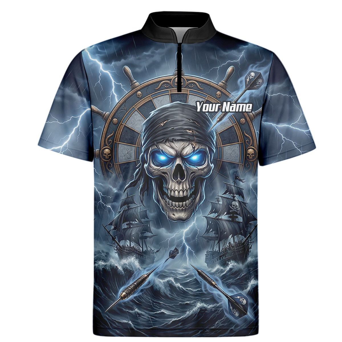 Personalised Pirate Skull Dart Jersey for Men Blue Lightning Storm Custom Dart Shirt Polo C6638