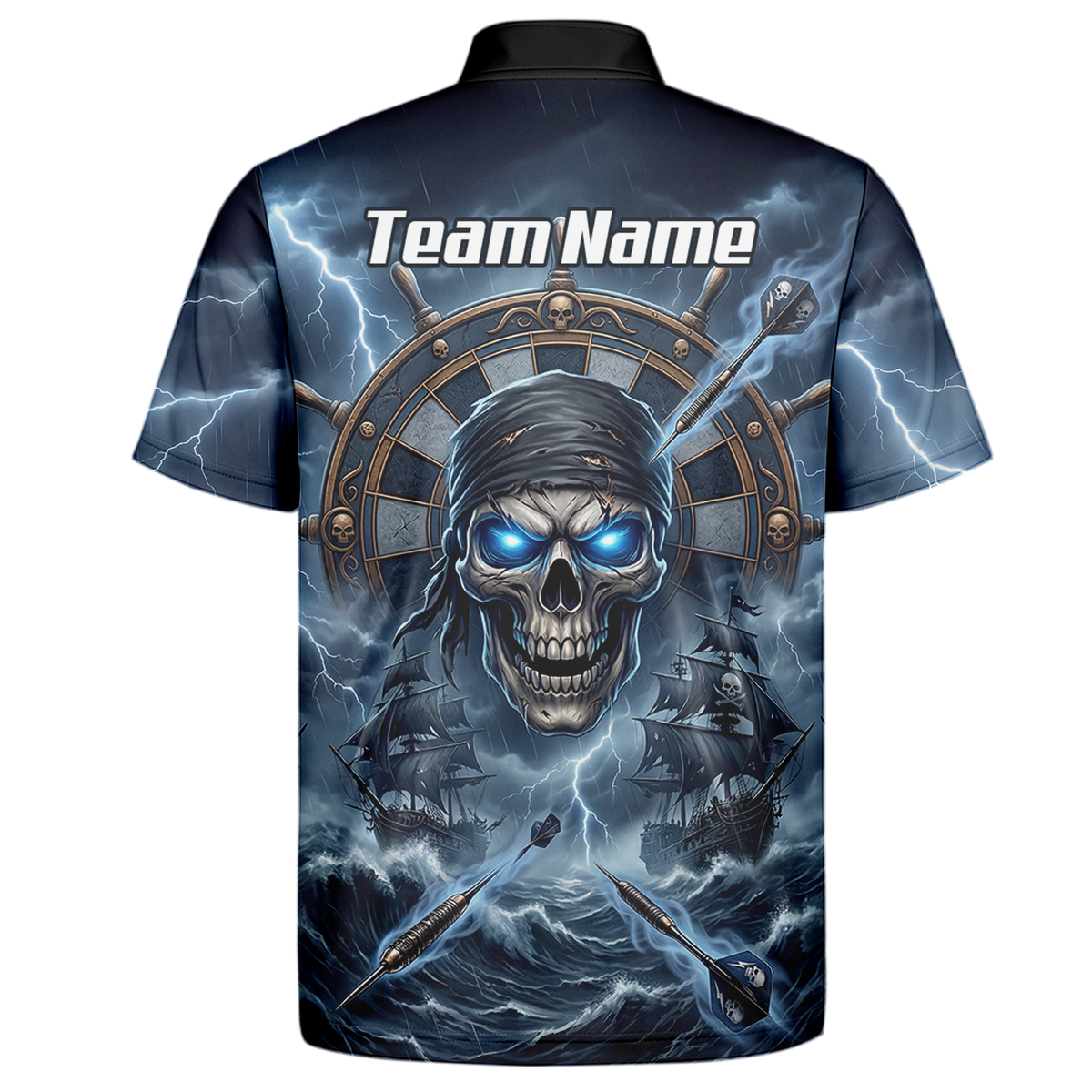 Personalised Pirate Skull Dart Jersey for Men Blue Lightning Storm Custom Dart Shirt Polo C6638