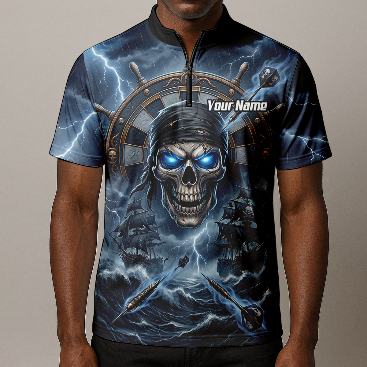Personalised Pirate Skull Dart Jersey for Men Blue Lightning Storm Custom Dart Shirt Polo C6638