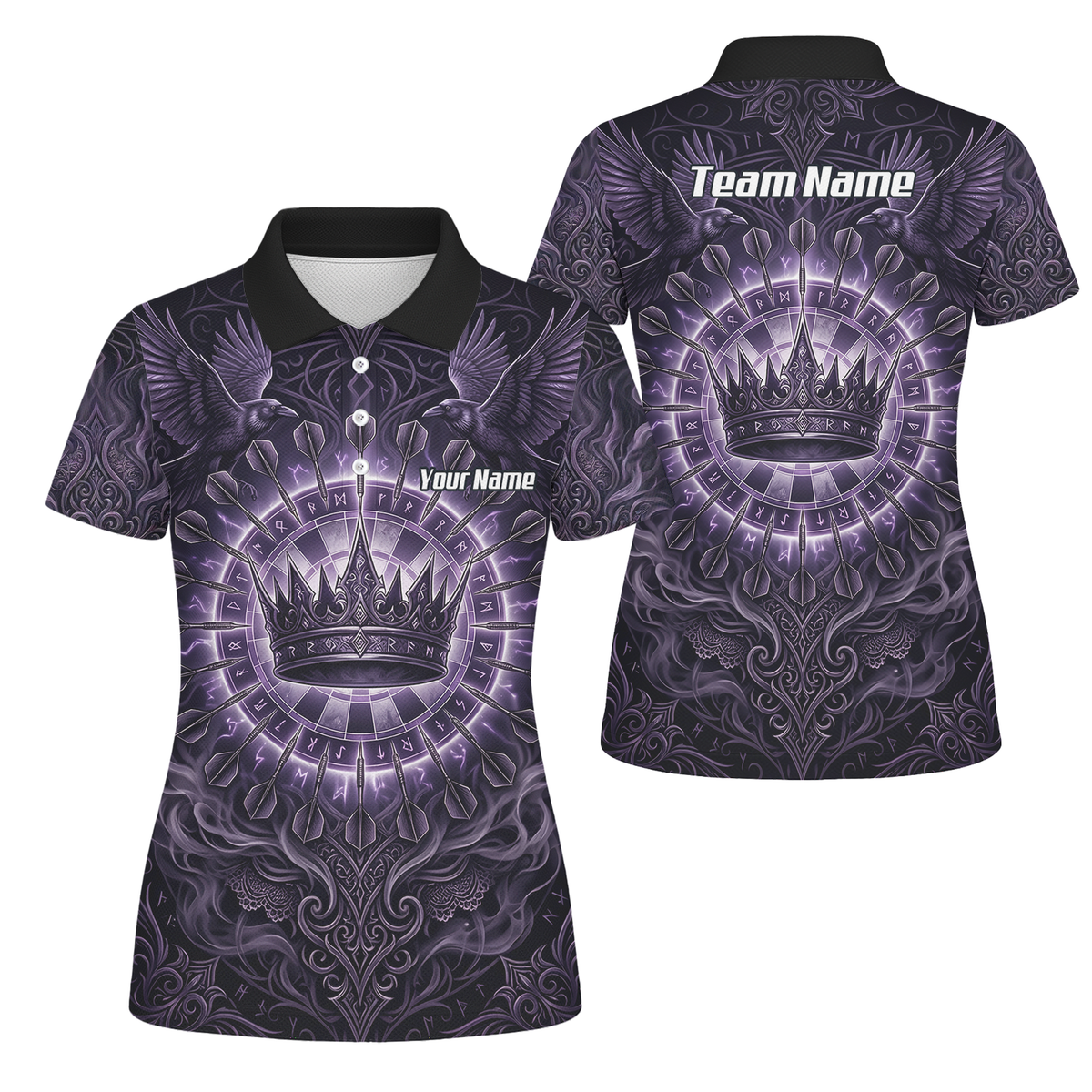 Personalised Purple Crown and Raven Dart Jersey for Women Custom Name Team Polo Shirt Black Purple C8212