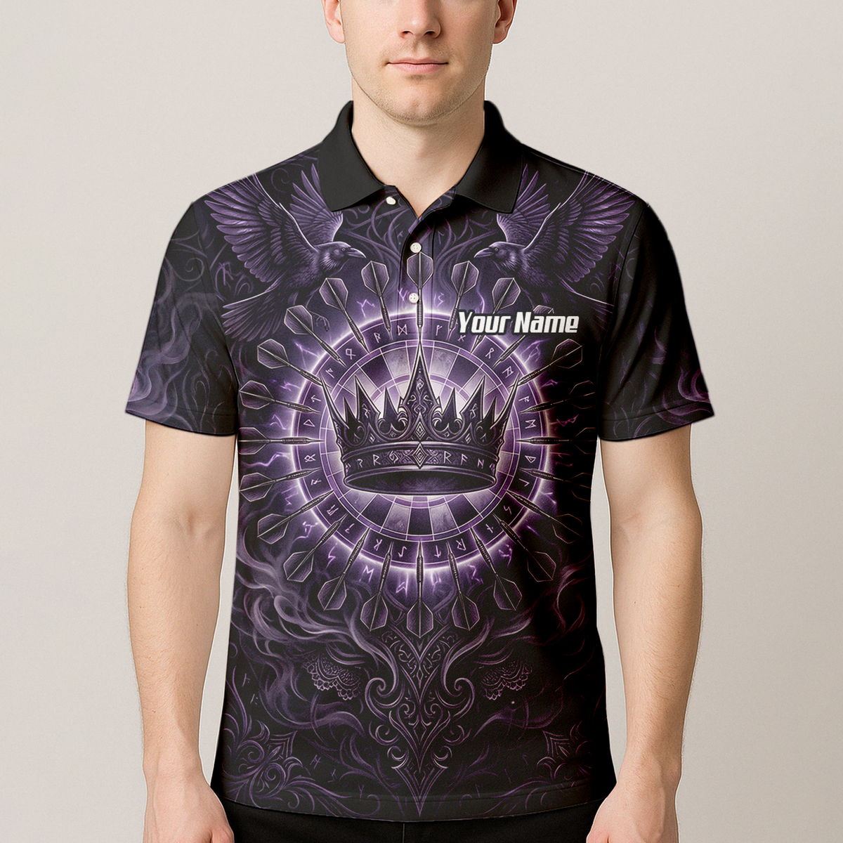 Personalised Purple Crown and Raven Dart Jersey for Men Custom Name Team Polo Shirt Black Purple C8212