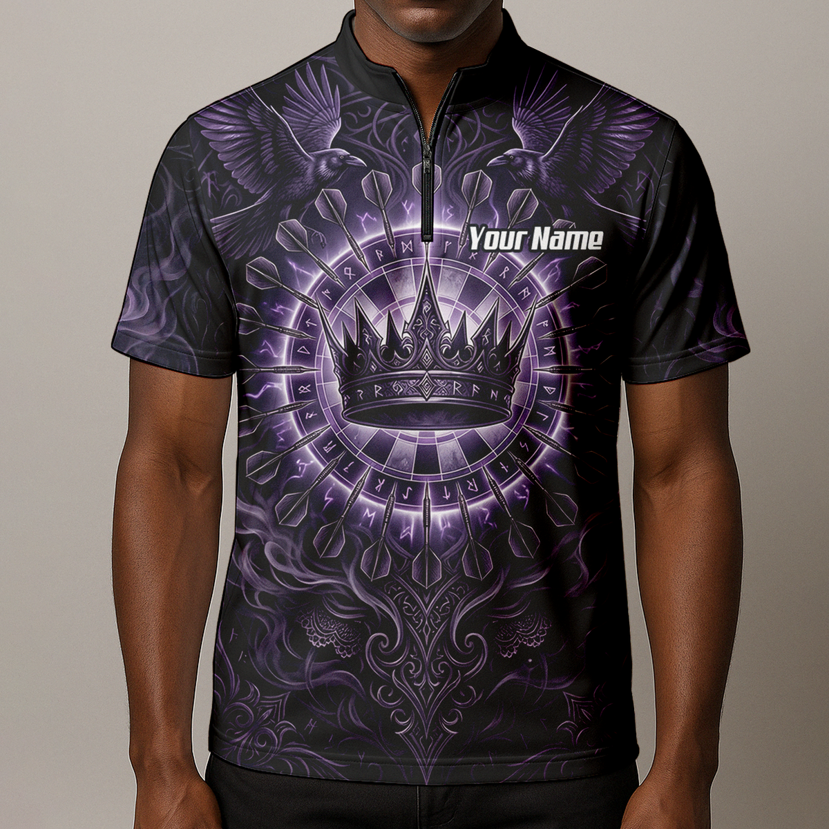Personalised Purple Crown and Raven Dart Jersey for Men Custom Name Team Polo Shirt Black Purple C8212