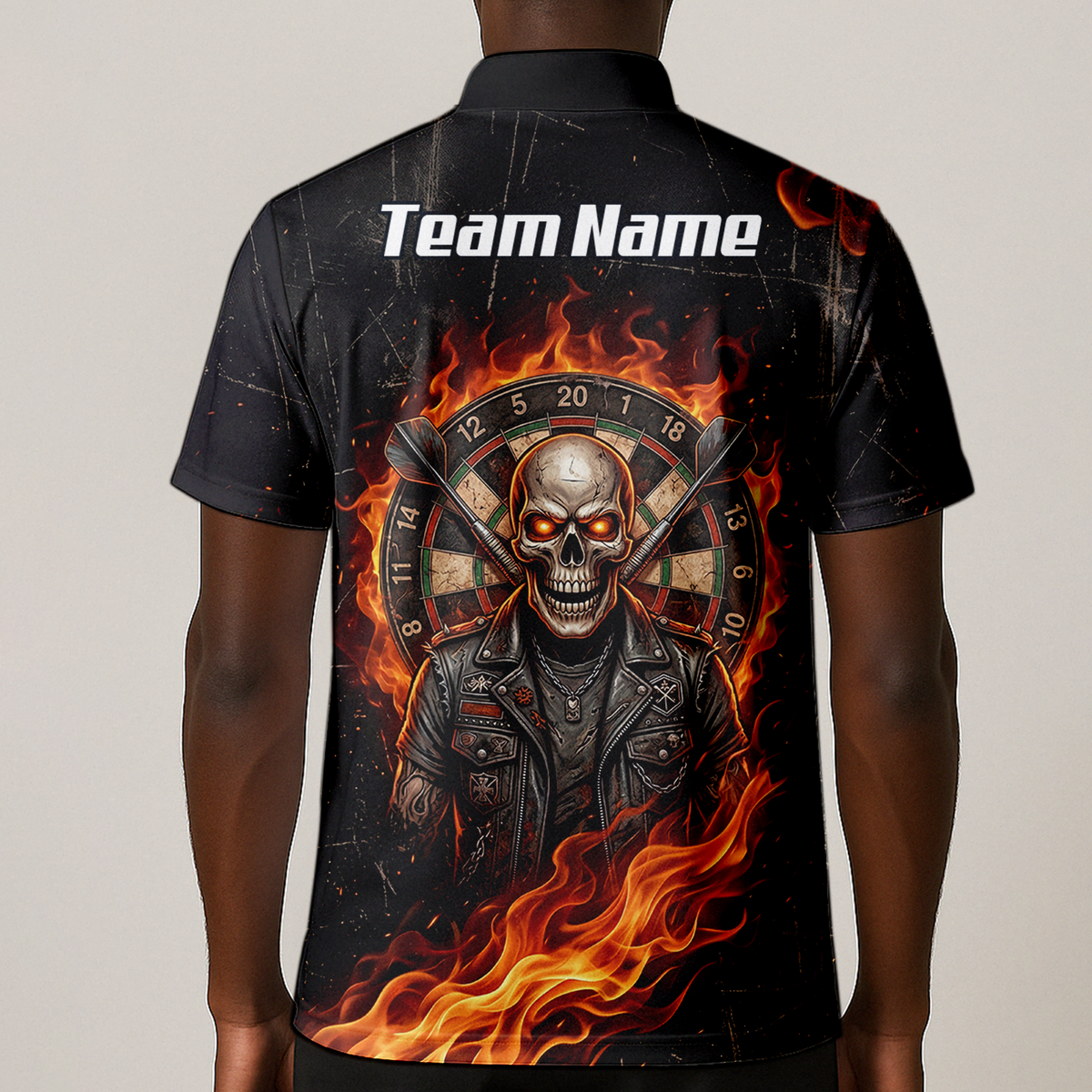 Personalised Flaming Skull Dart Jersey for Men Custom Name Team Biker Dartboard Polo Shirt Black Orange D8924