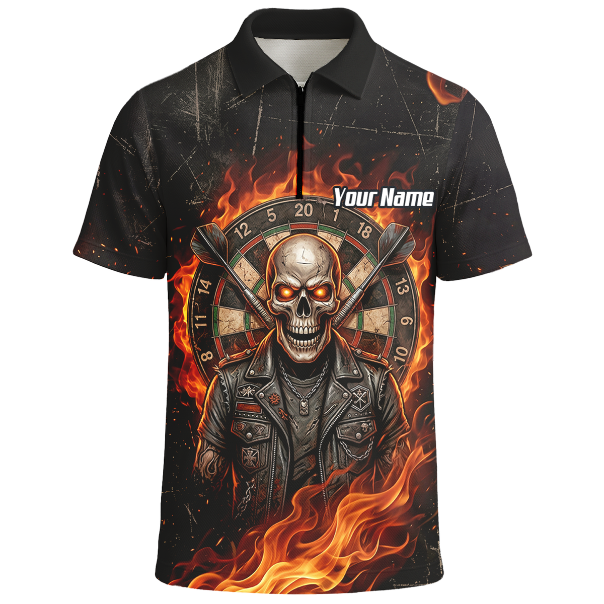 Personalised Flaming Skull Dart Jersey for Men Custom Name Team Biker Dartboard Polo Shirt Black Orange D8924