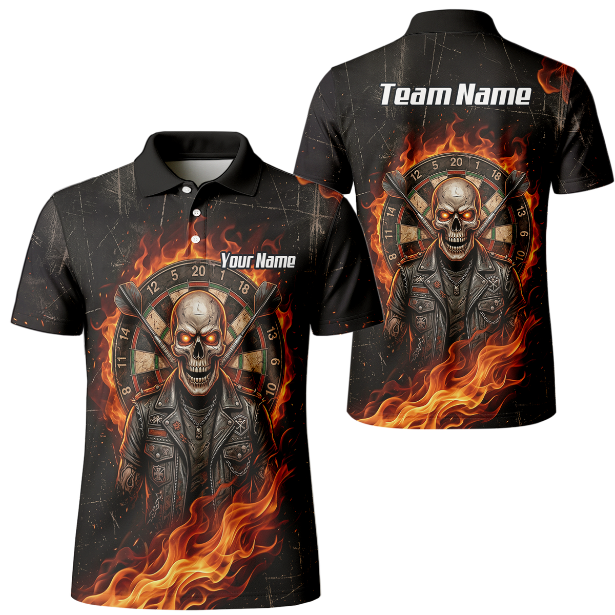 Personalised Flaming Skull Dart Jersey for Men Custom Name Team Biker Dartboard Polo Shirt Black Orange D8924