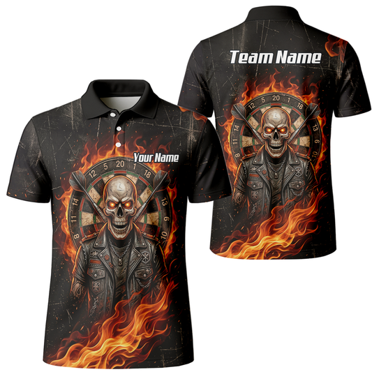 Personalised Flaming Skull Dart Jersey for Men Custom Name Team Biker Dartboard Polo Shirt Black Orange D8924