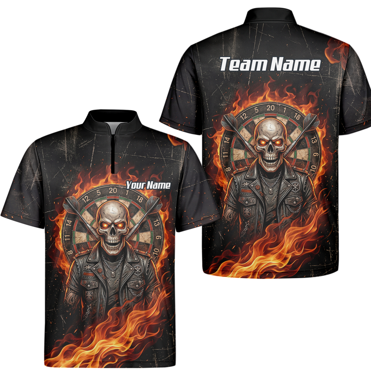 Personalised Flaming Skull Dart Jersey for Men Custom Name Team Biker Dartboard Polo Shirt Black Orange D8924