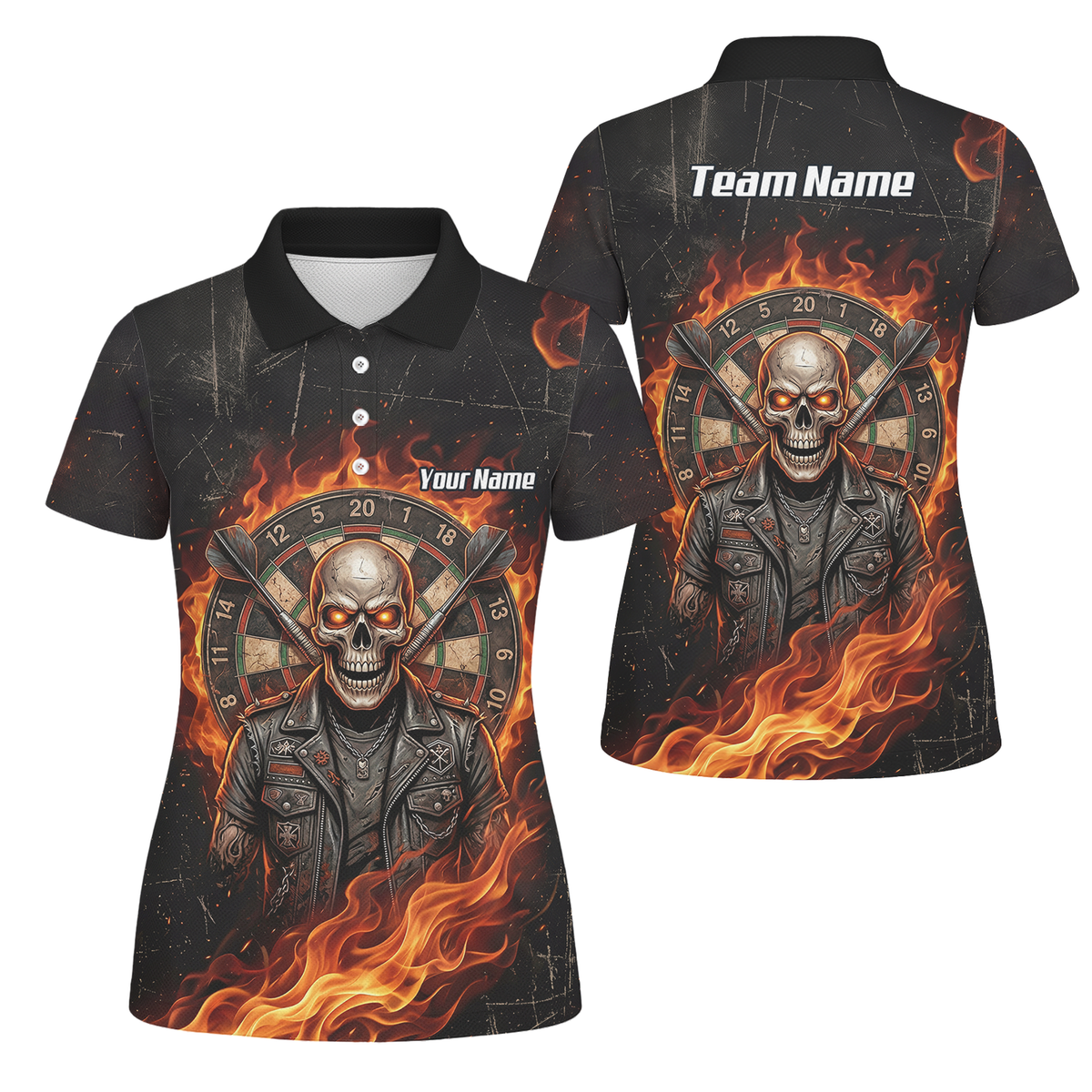 Personalised Flaming Skull Dart Jersey for Women Custom Name Team Biker Dartboard Polo Shirt Black Orange D8924