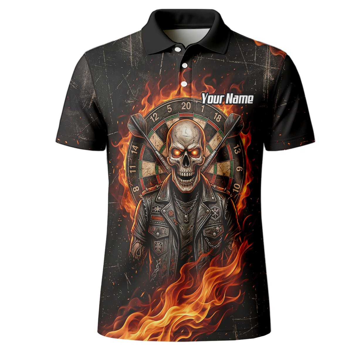 Personalised Flaming Skull Dart Jersey for Men Custom Name Team Biker Dartboard Polo Shirt Black Orange D8924