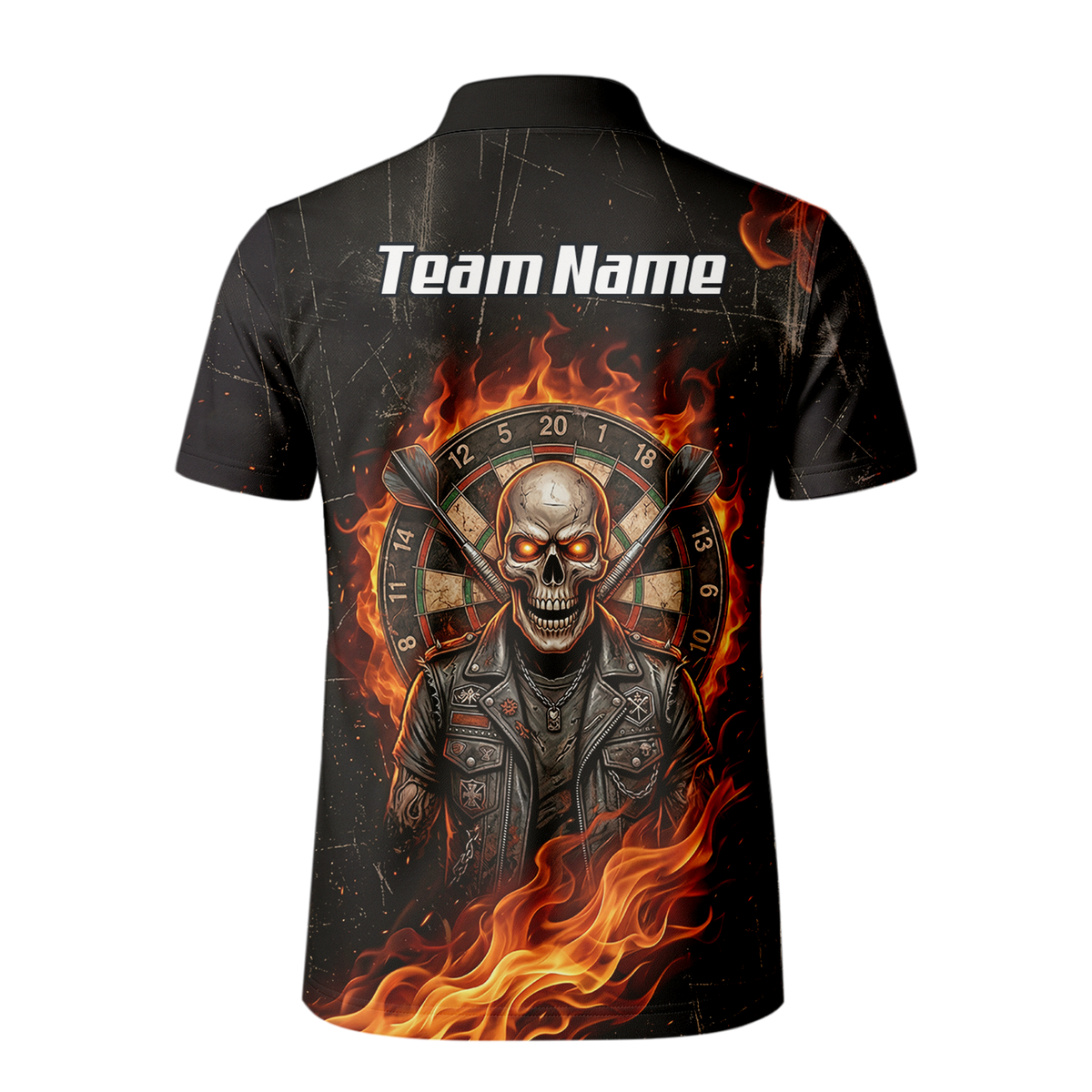 Personalised Flaming Skull Dart Jersey for Men Custom Name Team Biker Dartboard Polo Shirt Black Orange D8924