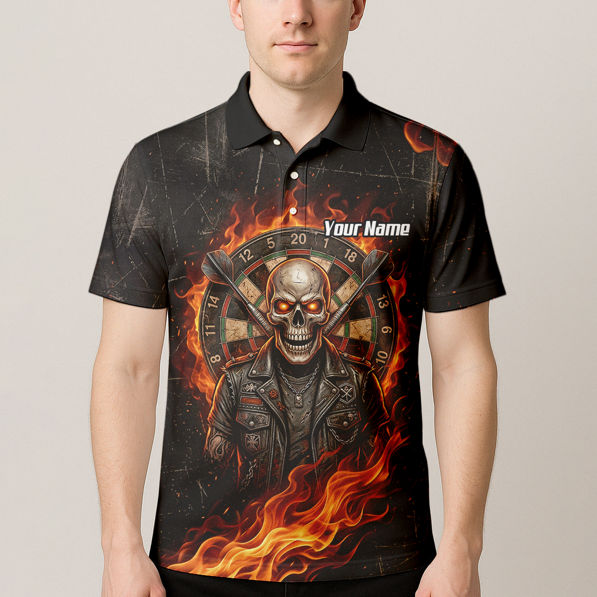 Personalised Flaming Skull Dart Jersey for Men Custom Name Team Biker Dartboard Polo Shirt Black Orange D8924