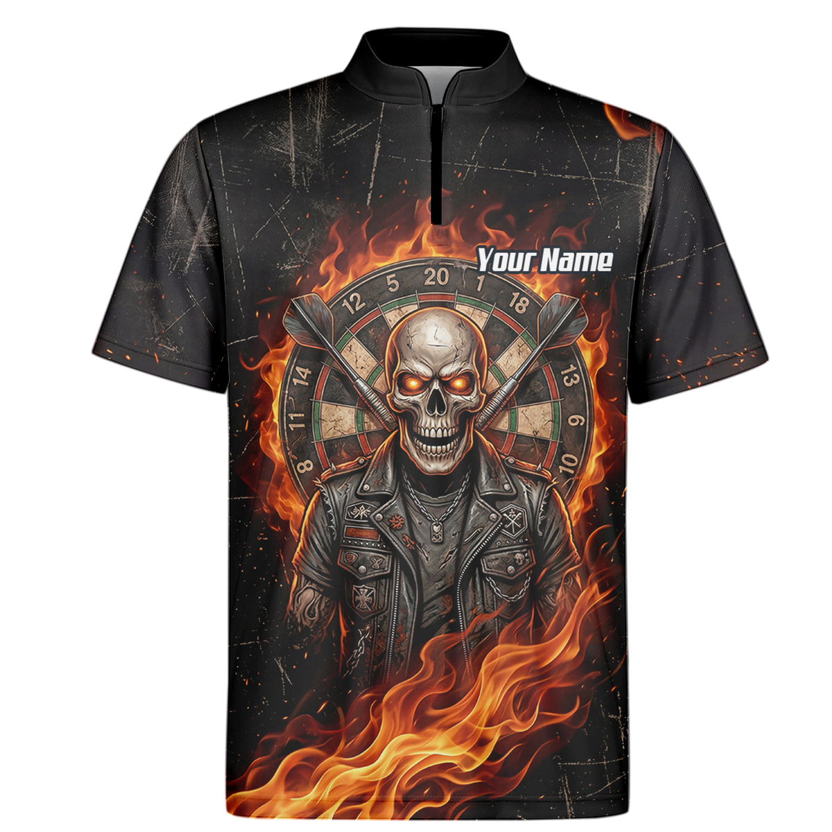 Personalised Flaming Skull Dart Jersey for Men Custom Name Team Biker Dartboard Polo Shirt Black Orange D8924