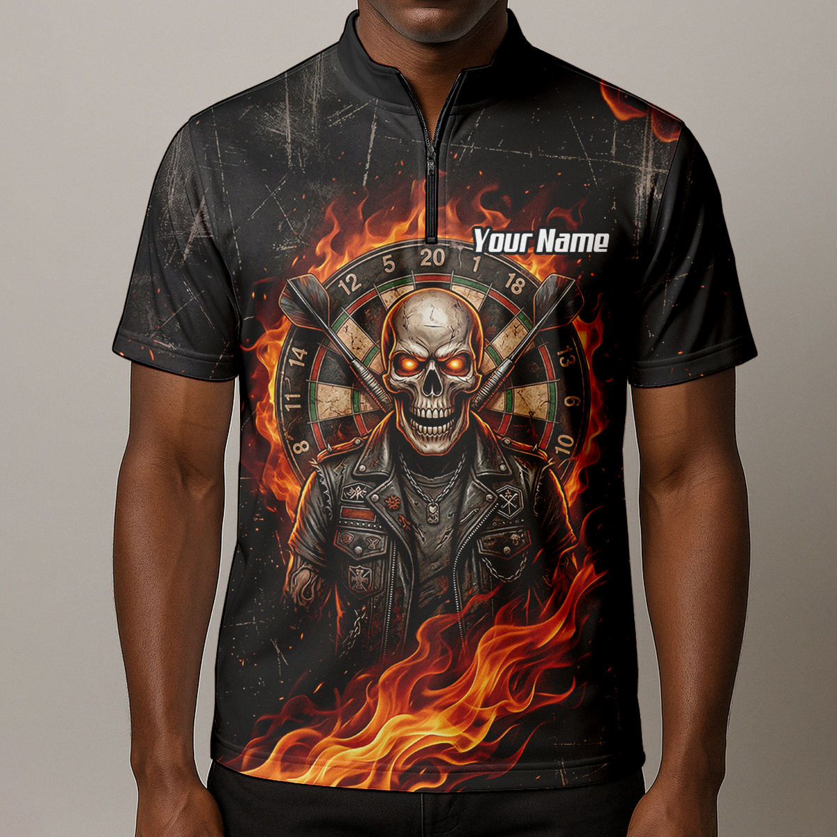 Personalised Flaming Skull Dart Jersey for Men Custom Name Team Biker Dartboard Polo Shirt Black Orange D8924