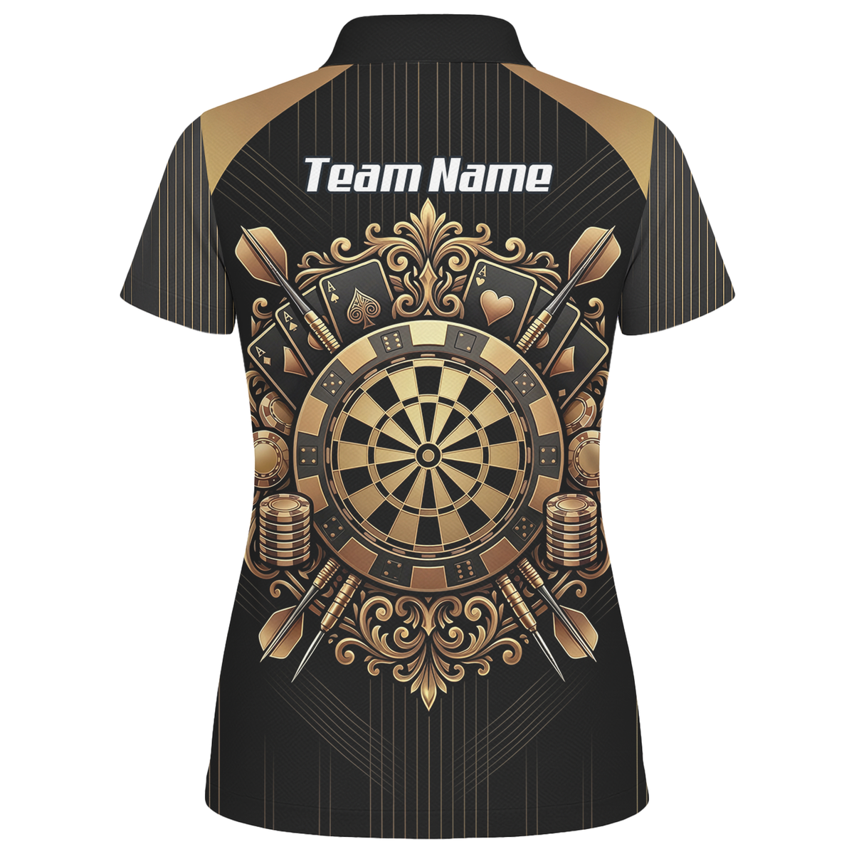 Personalised Women's Dart Jersey Black and Gold Casino Theme Polo Shirt Custom Name and Team Sublimated Dart Shirt D9179