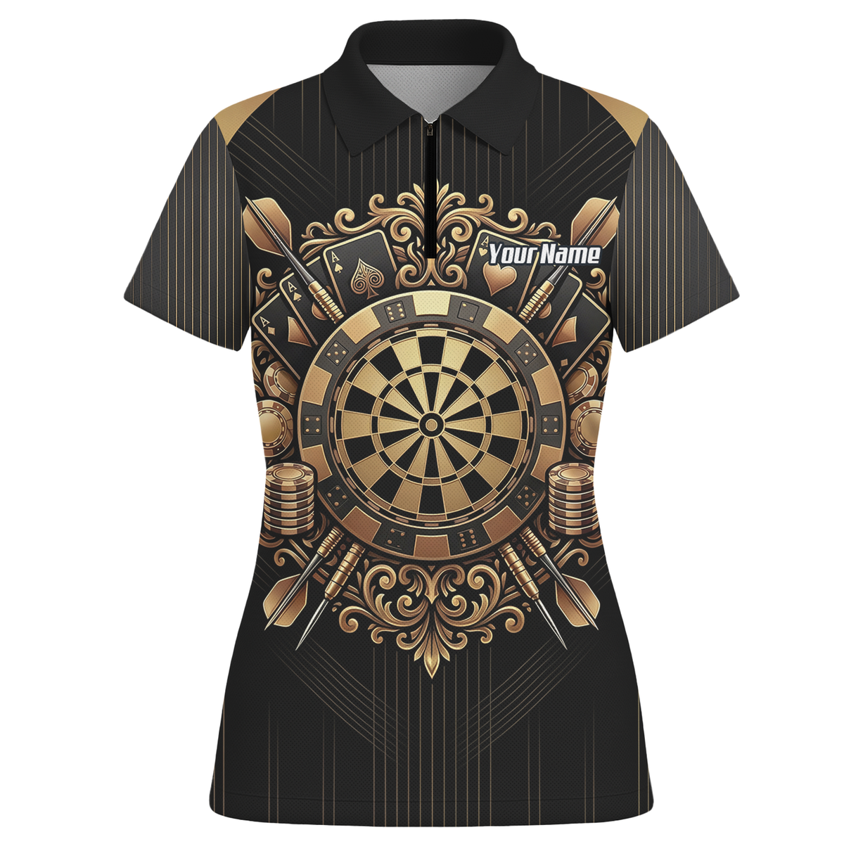 Personalised Women's Dart Jersey Black and Gold Casino Theme Polo Shirt Custom Name and Team Sublimated Dart Shirt D9179