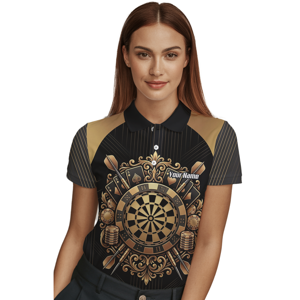 Personalised Women's Dart Jersey Black and Gold Casino Theme Polo Shirt Custom Name and Team Sublimated Dart Shirt D9179