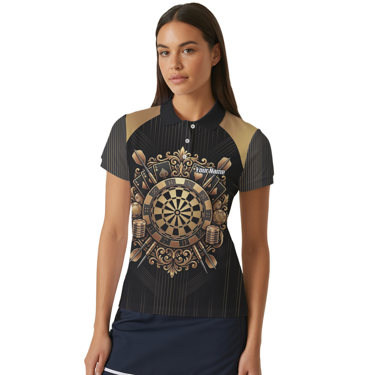 Personalised Women's Dart Jersey Black and Gold Casino Theme Polo Shirt Custom Name and Team Sublimated Dart Shirt D9179