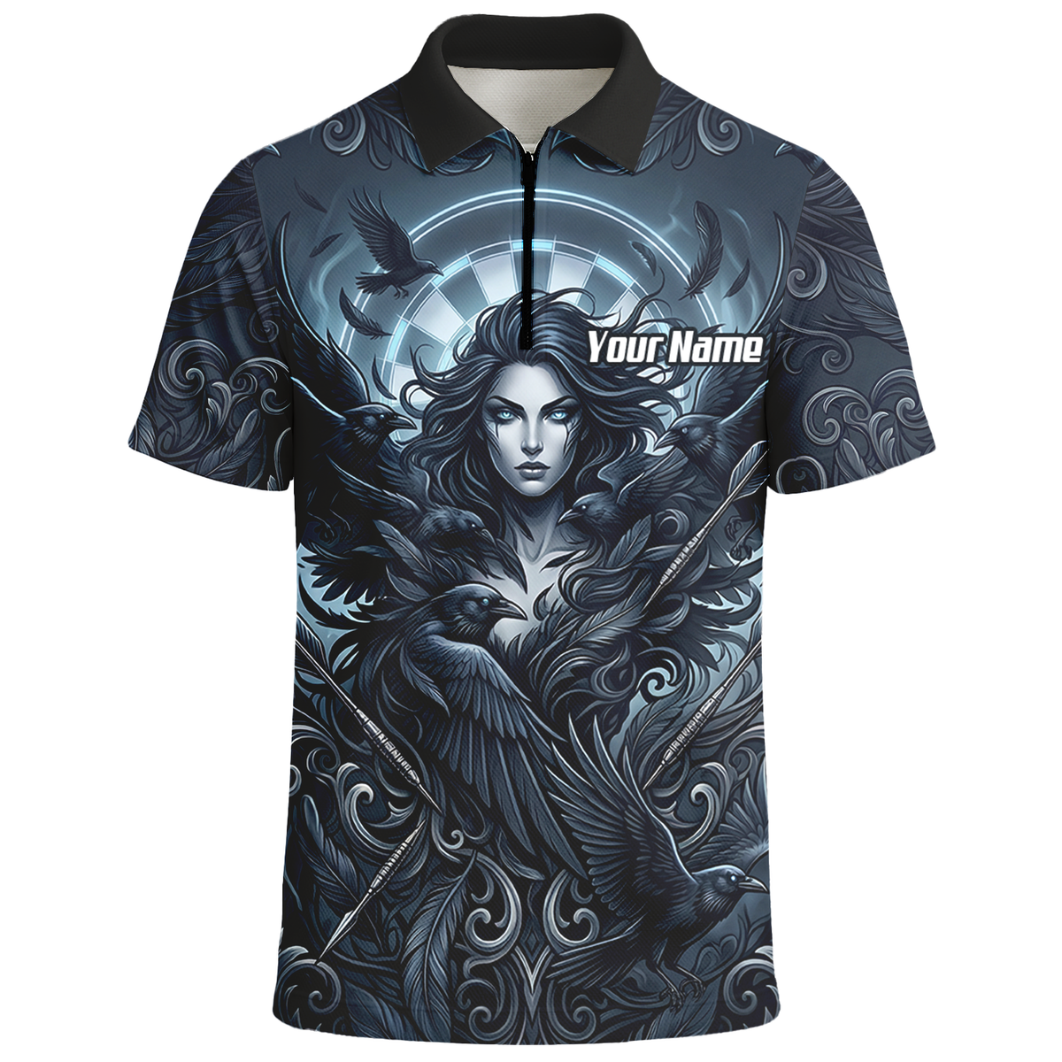 Personalised Gothic Raven Dart Jersey for Men Custom Name Team Polo Shirt Black Grey E5253