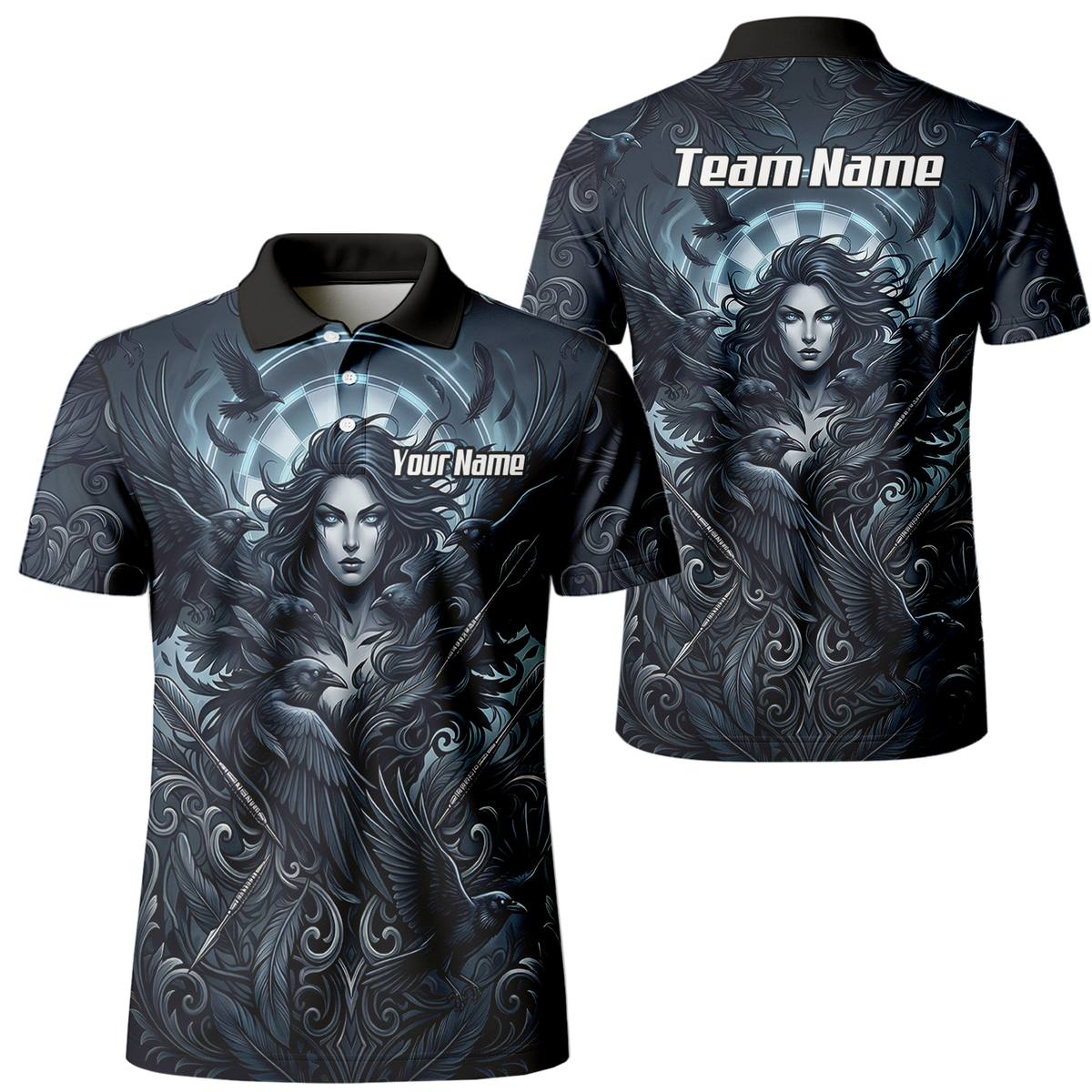 Personalised Gothic Raven Dart Jersey for Men Custom Name Team Polo Shirt Black Grey E5253