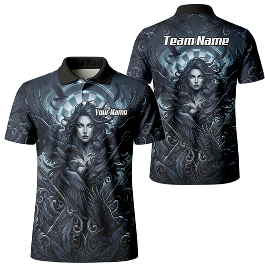 Personalised Gothic Raven Dart Jersey for Men Custom Name Team Polo Shirt Black Grey E5253