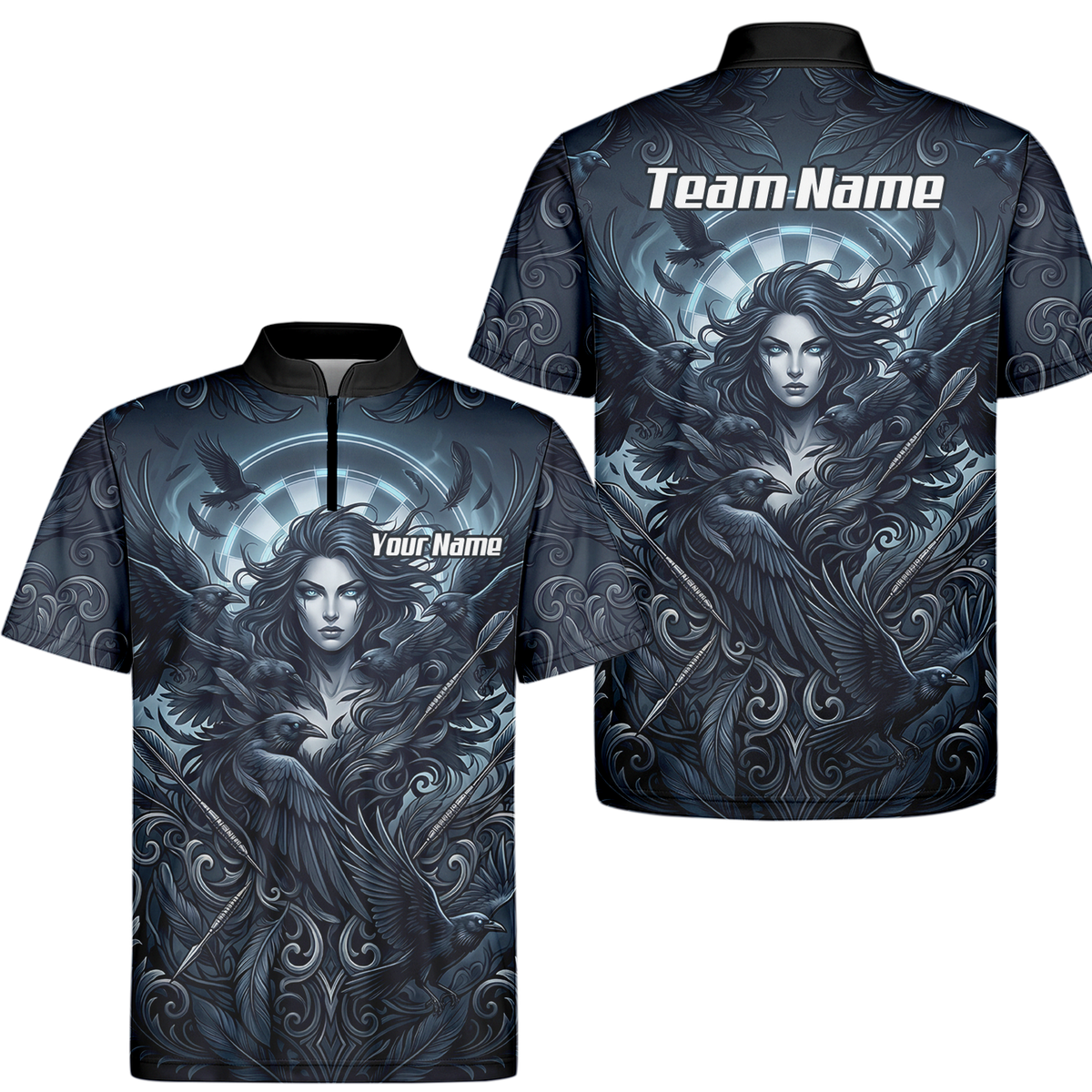 Personalised Gothic Raven Dart Jersey for Men Custom Name Team Polo Shirt Black Grey E5253