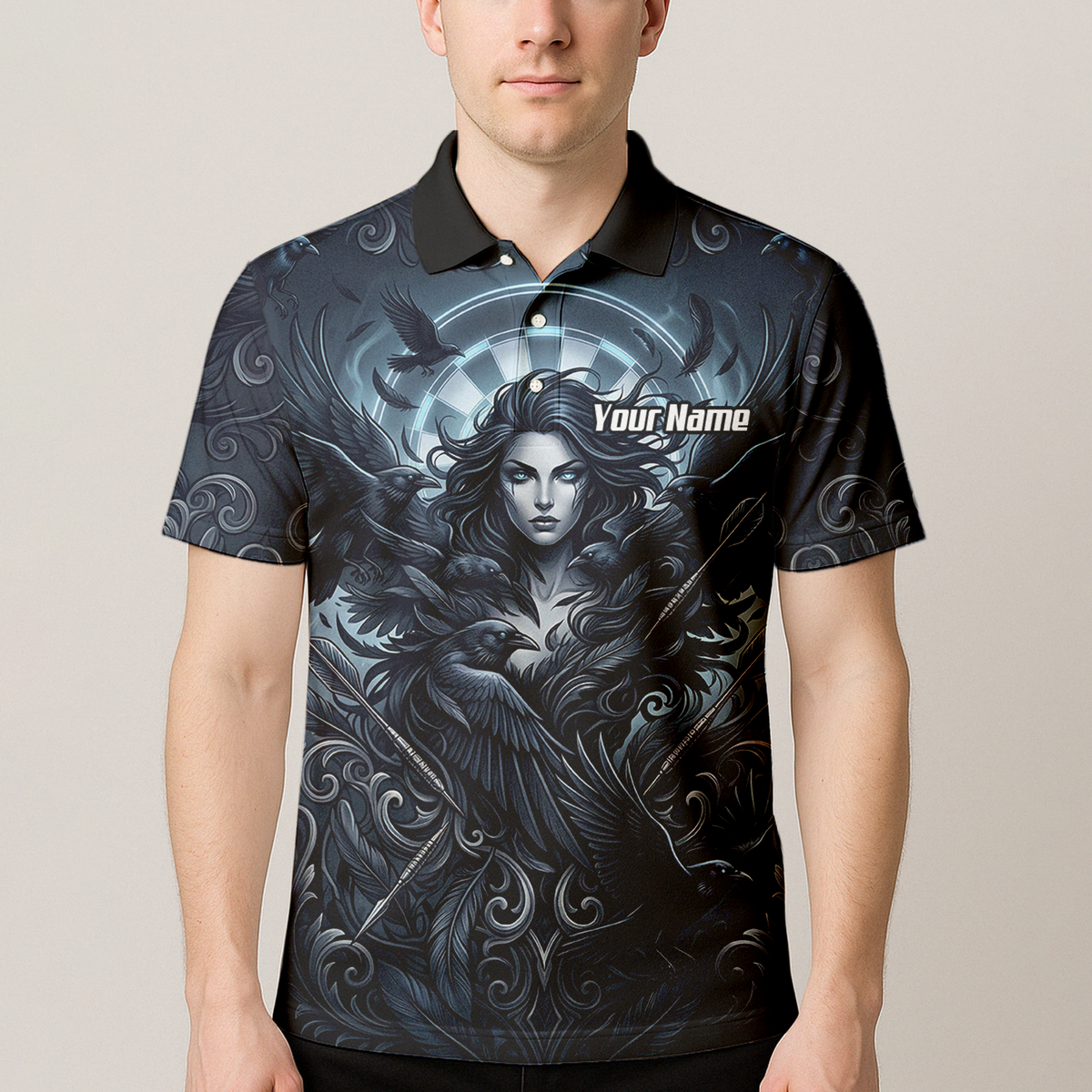 Personalised Gothic Raven Dart Jersey for Men Custom Name Team Polo Shirt Black Grey E5253