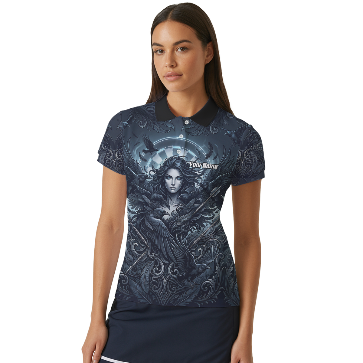 Personalised Gothic Raven Dart Jersey for Women Custom Name Team Polo Shirt Black Grey E5253
