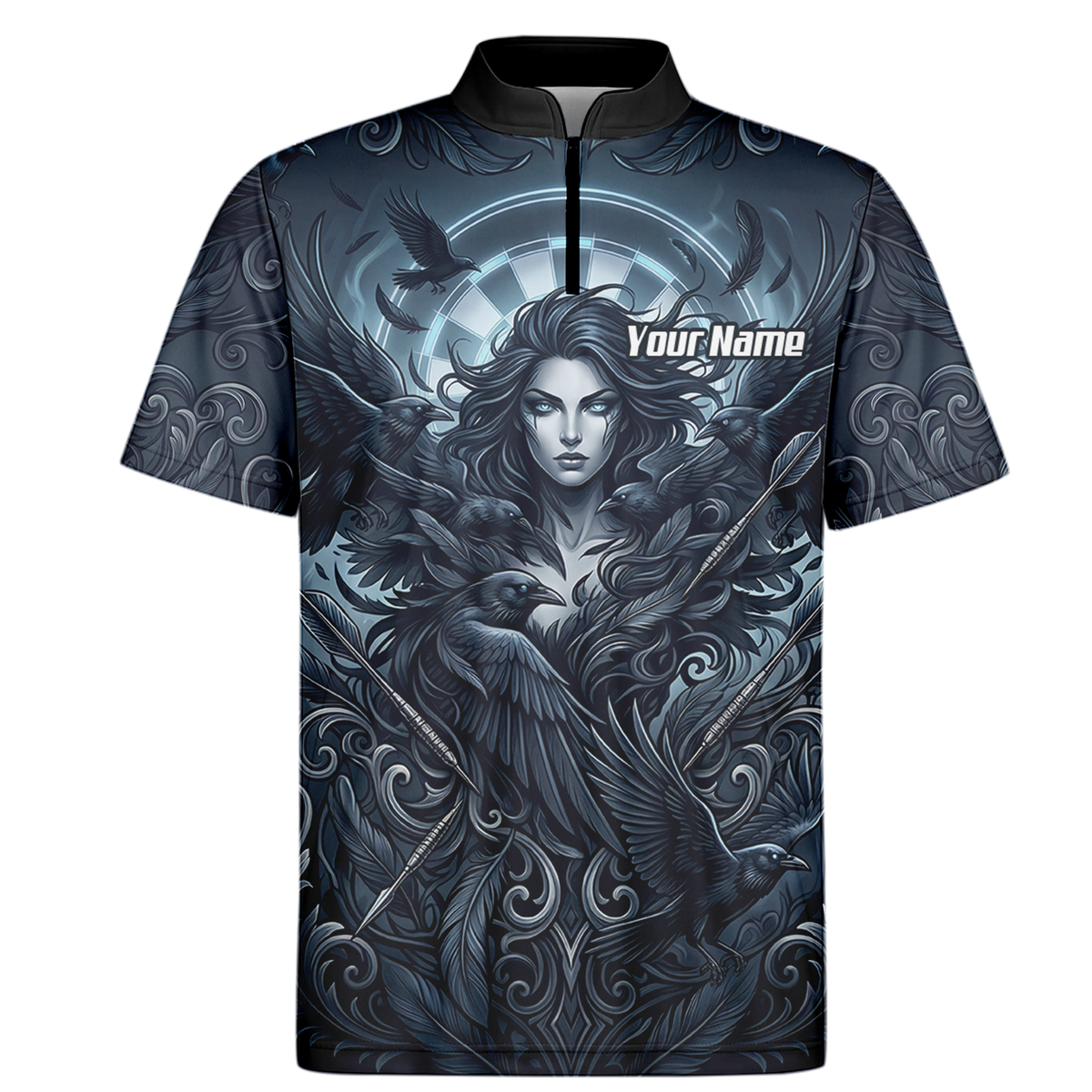 Personalised Gothic Raven Dart Jersey for Men Custom Name Team Polo Shirt Black Grey E5253