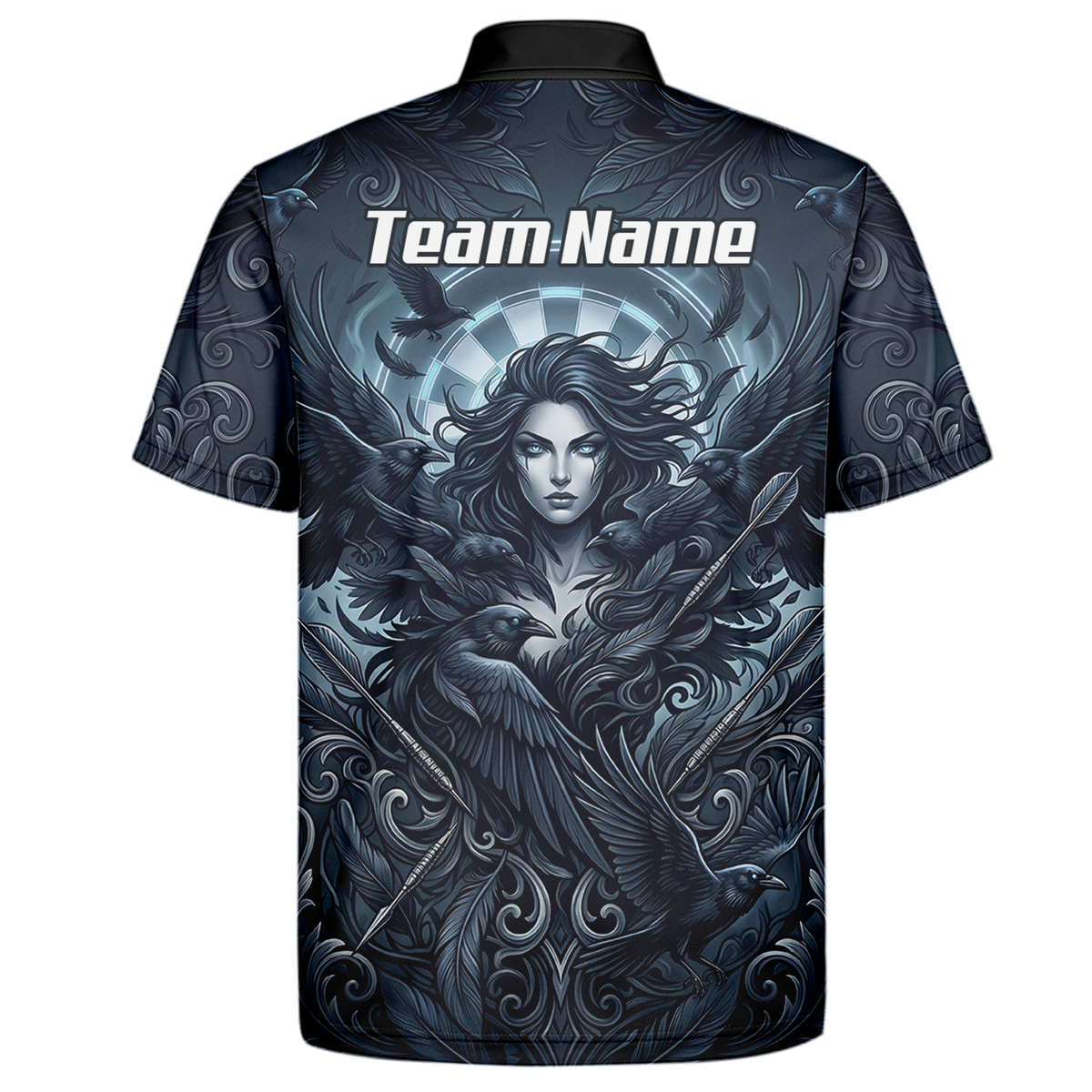 Personalised Gothic Raven Dart Jersey for Men Custom Name Team Polo Shirt Black Grey E5253