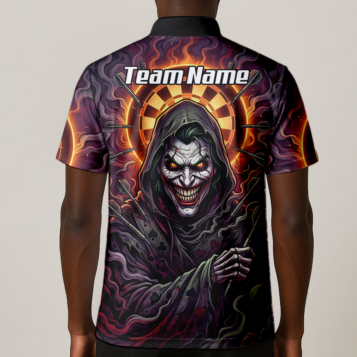 Personalised Men's Darts Jersey Custom Evil Joker Clown Dart Shirt Purple Black Sublimated Polo Top E6621
