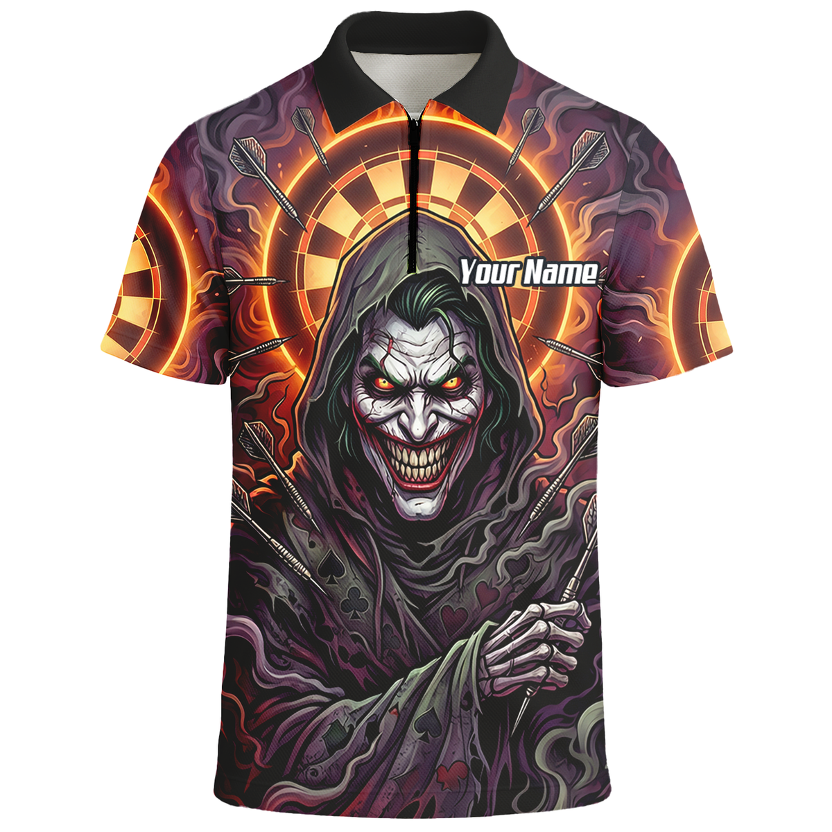 Personalised Men's Darts Jersey Custom Evil Joker Clown Dart Shirt Purple Black Sublimated Polo Top E6621