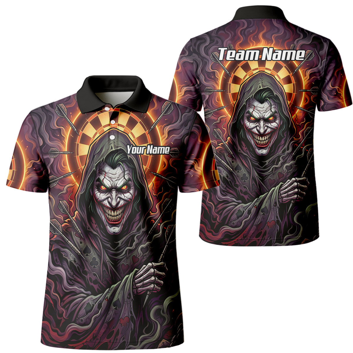 Personalised Men's Darts Jersey Custom Evil Joker Clown Dart Shirt Purple Black Sublimated Polo Top E6621