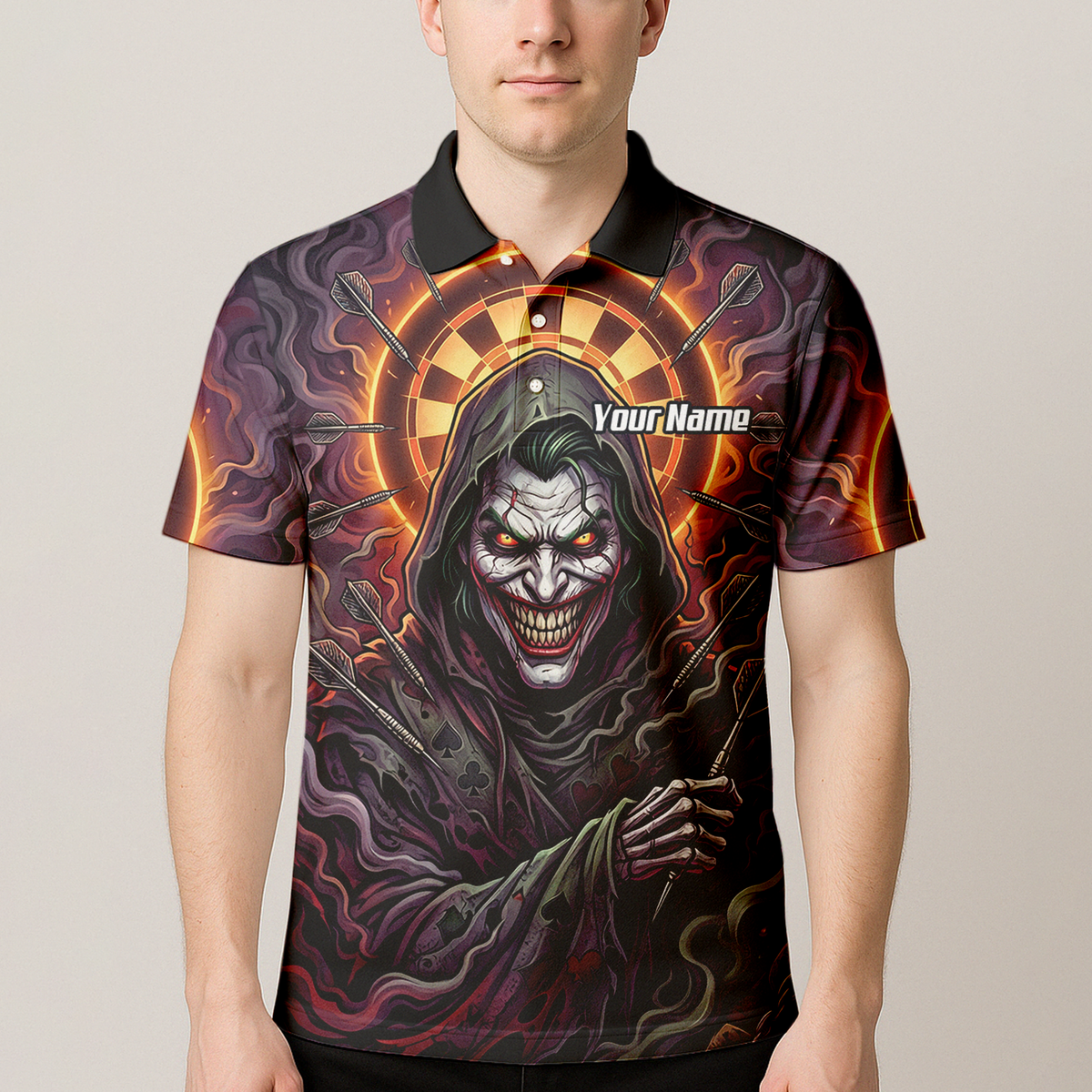 Personalised Men's Darts Jersey Custom Evil Joker Clown Dart Shirt Purple Black Sublimated Polo Top E6621