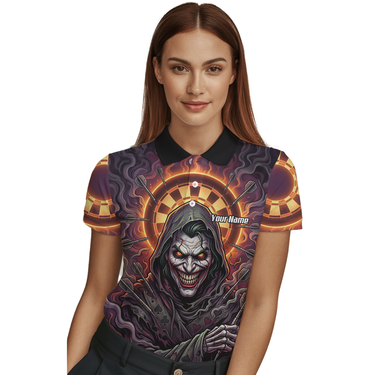 Personalised Women's Darts Jersey Custom Evil Joker Clown Dart Shirt Purple Black Sublimated Polo Top E6621