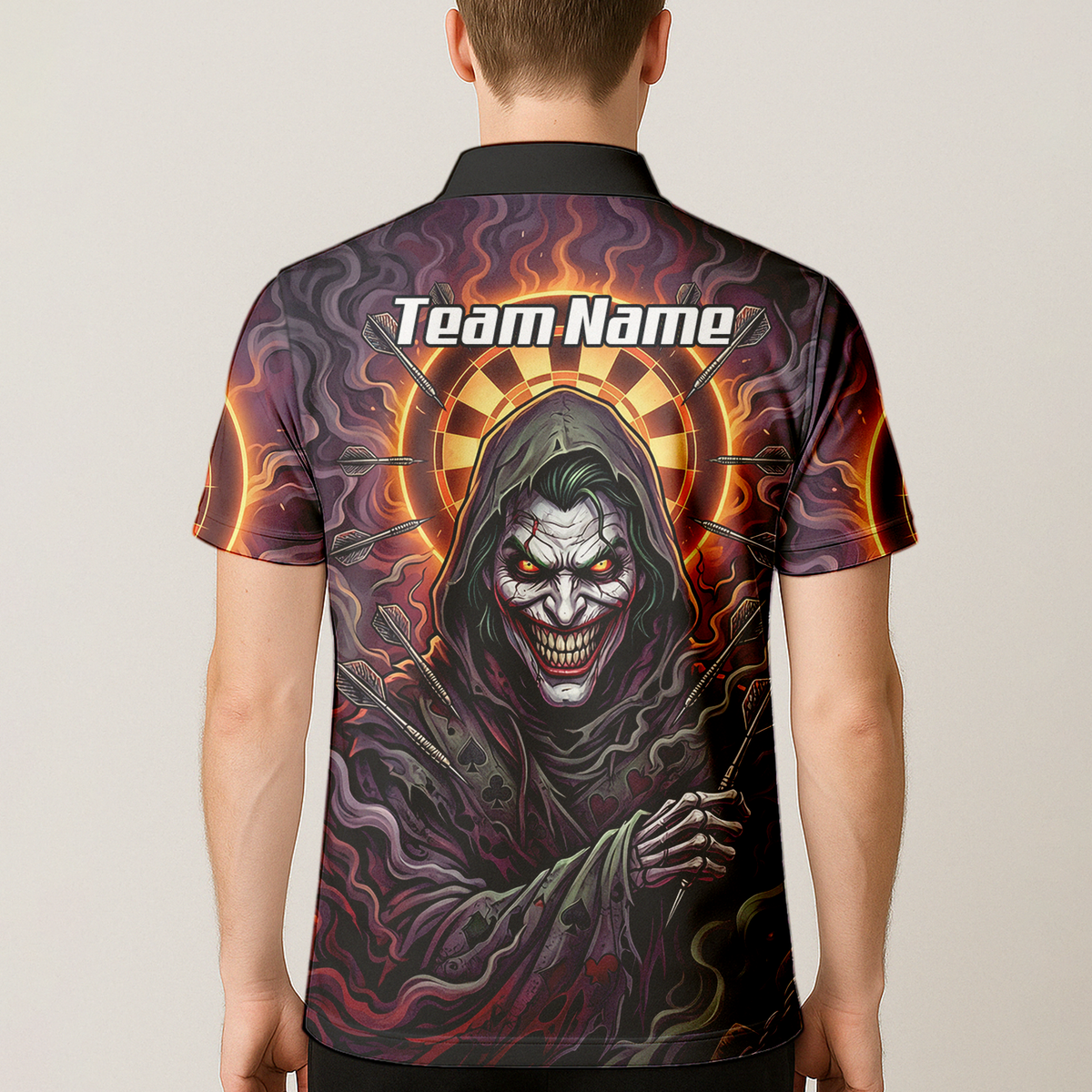 Personalised Men's Darts Jersey Custom Evil Joker Clown Dart Shirt Purple Black Sublimated Polo Top E6621