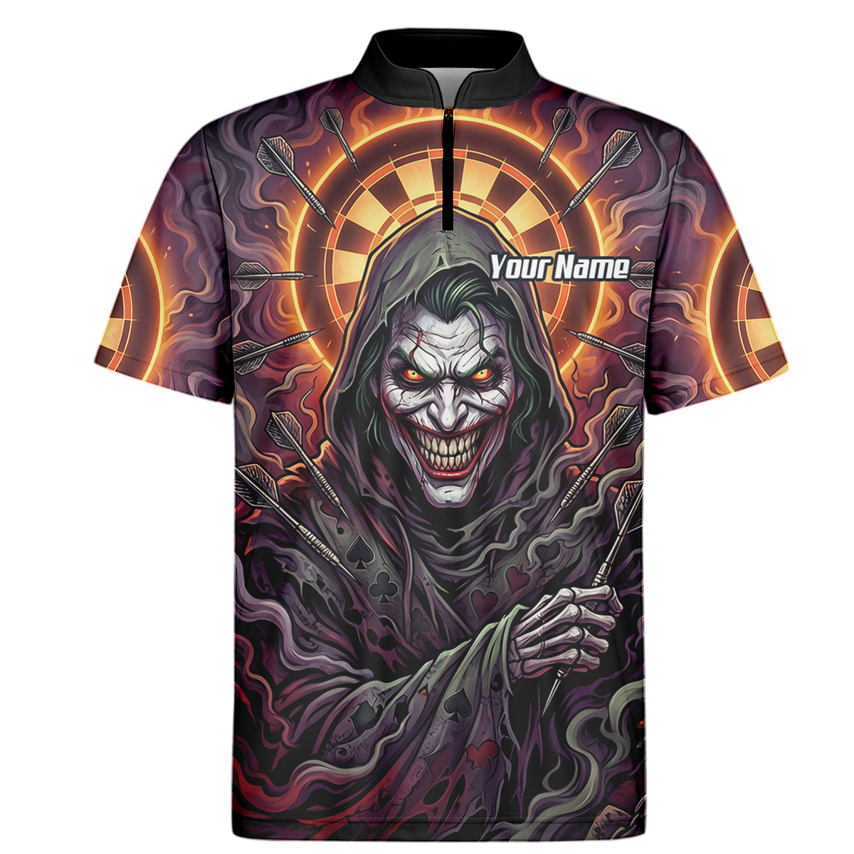 Personalised Men's Darts Jersey Custom Evil Joker Clown Dart Shirt Purple Black Sublimated Polo Top E6621