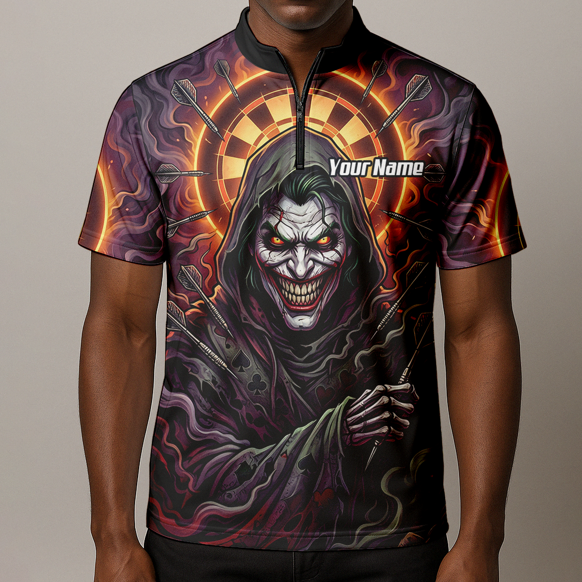 Personalised Men's Darts Jersey Custom Evil Joker Clown Dart Shirt Purple Black Sublimated Polo Top E6621