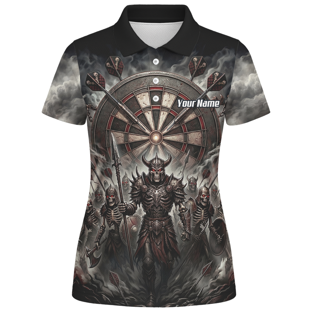 Personalised Skeleton Warrior Dart Jersey for Women Custom Dark Gothic Undead Army Darts Polo Shirt Black Grey E8117