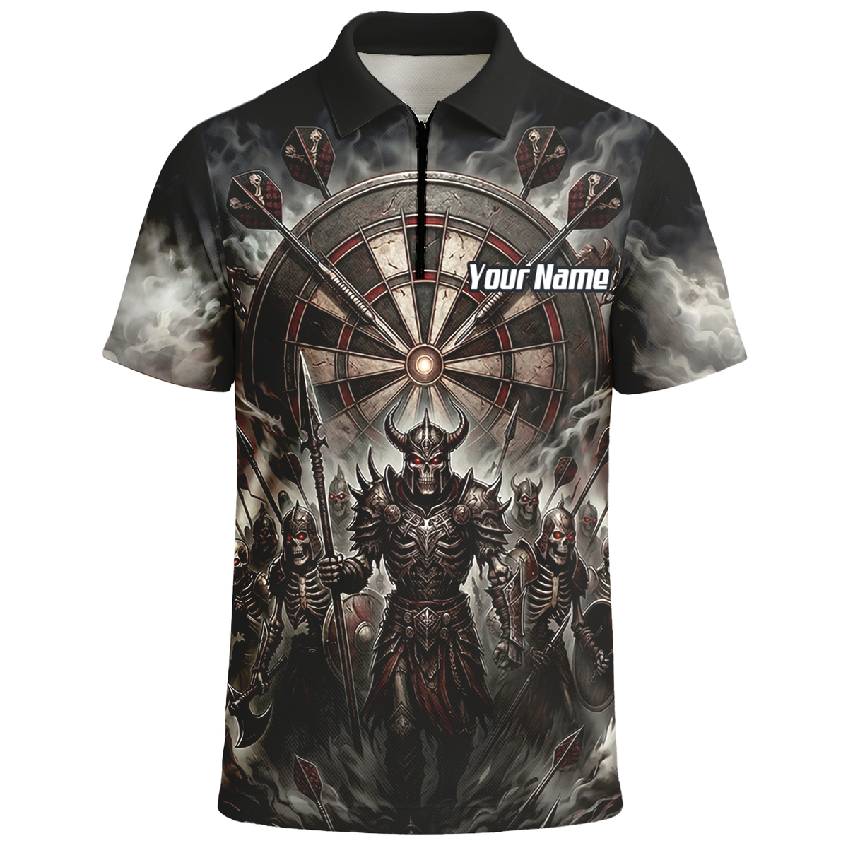 Personalised Skeleton Warrior Dart Jersey for Men Custom Dark Gothic Undead Army Darts Polo Shirt Black Grey E8117