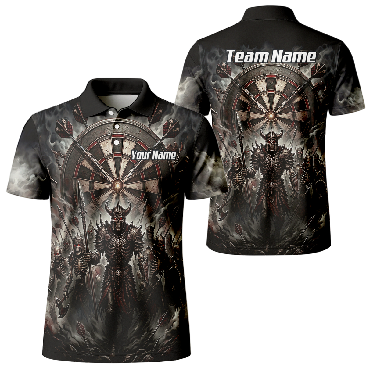 Personalised Skeleton Warrior Dart Jersey for Men Custom Dark Gothic Undead Army Darts Polo Shirt Black Grey E8117