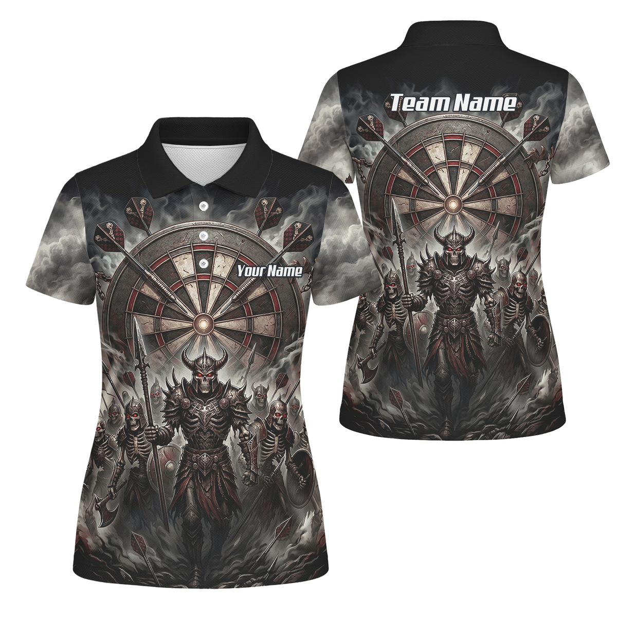 Personalised Skeleton Warrior Dart Jersey for Women Custom Dark Gothic Undead Army Darts Polo Shirt Black Grey E8117