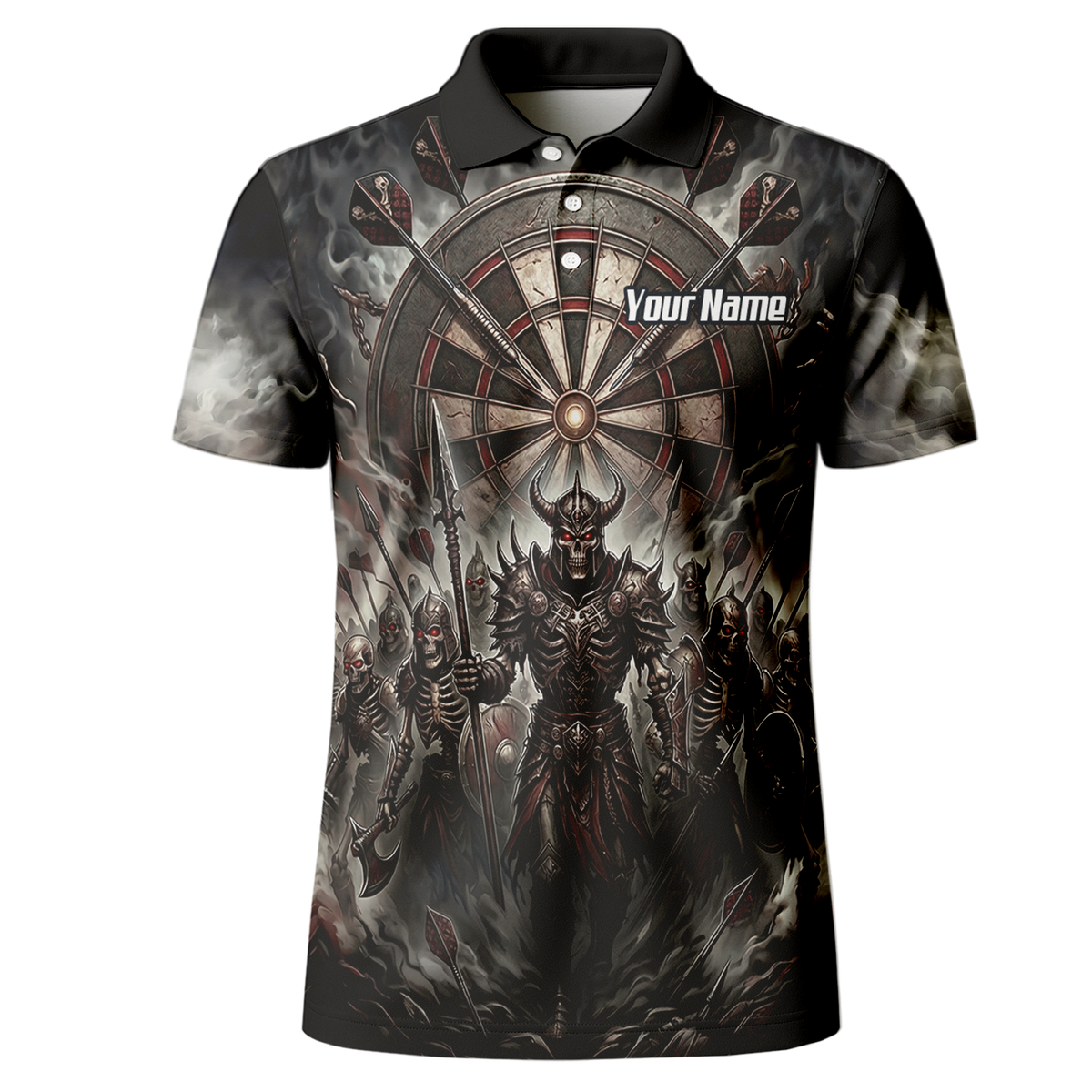 Personalised Skeleton Warrior Dart Jersey for Men Custom Dark Gothic Undead Army Darts Polo Shirt Black Grey E8117